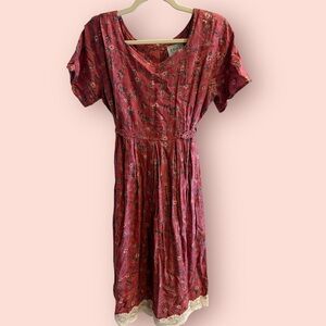 Vintage Erika Floral Midi Dress Cottagecore Prairie Lace Hem Tie Waist